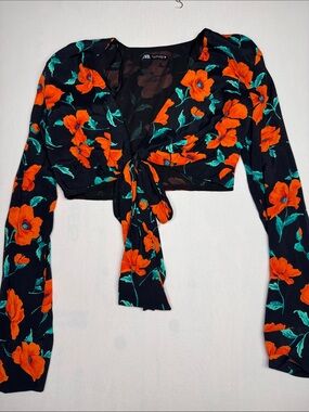 ZARA Black Crop Tie-Front Top with Orange Floral Print